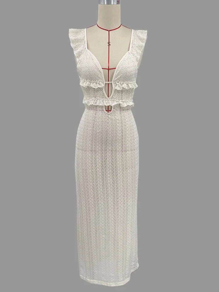 TARUXY Deep V Neck Sexy Dresses Women Sleeveless See Through High Waist Long Cover Up Dress Femme Holiday Knitted Beach Dress