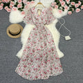 Women Chiffon Floral Long Dress Elegant Korean V Neck Short Sleeve Summer Bohemian Print Beach Dresses For Women Black