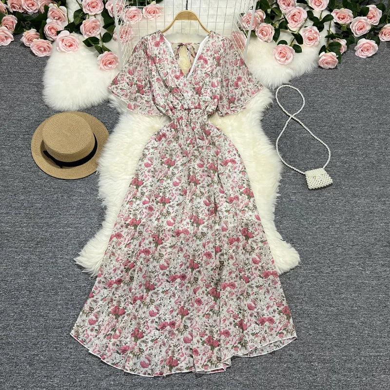 Women Chiffon Floral Long Dress Elegant Korean V Neck Short Sleeve Summer Bohemian Print Beach Dresses For Women Black