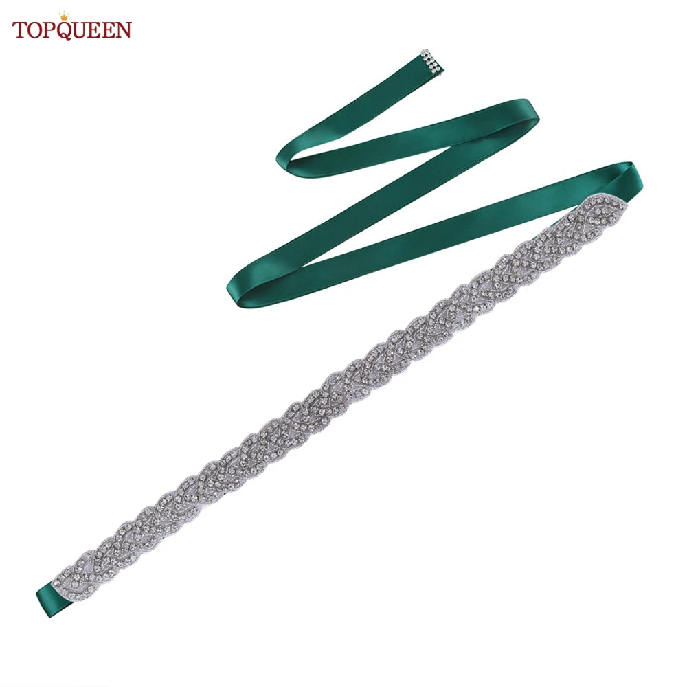 TOPQUEEN Luxury Wedding Bridal Sash Ribbon Sparkly Rhinestone Belts for Formal Dress Plus Size Diamond Belt Sash Applique  S216