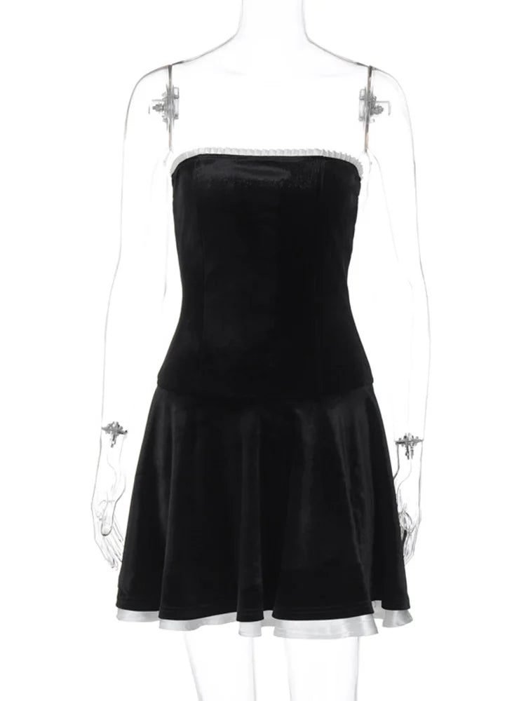 TARUXY Strapless Lace Up Black Mini Dress Women Off Shoulder Sleeveless Sexy Splice Female Summer Evening Dress Elegant Outfits