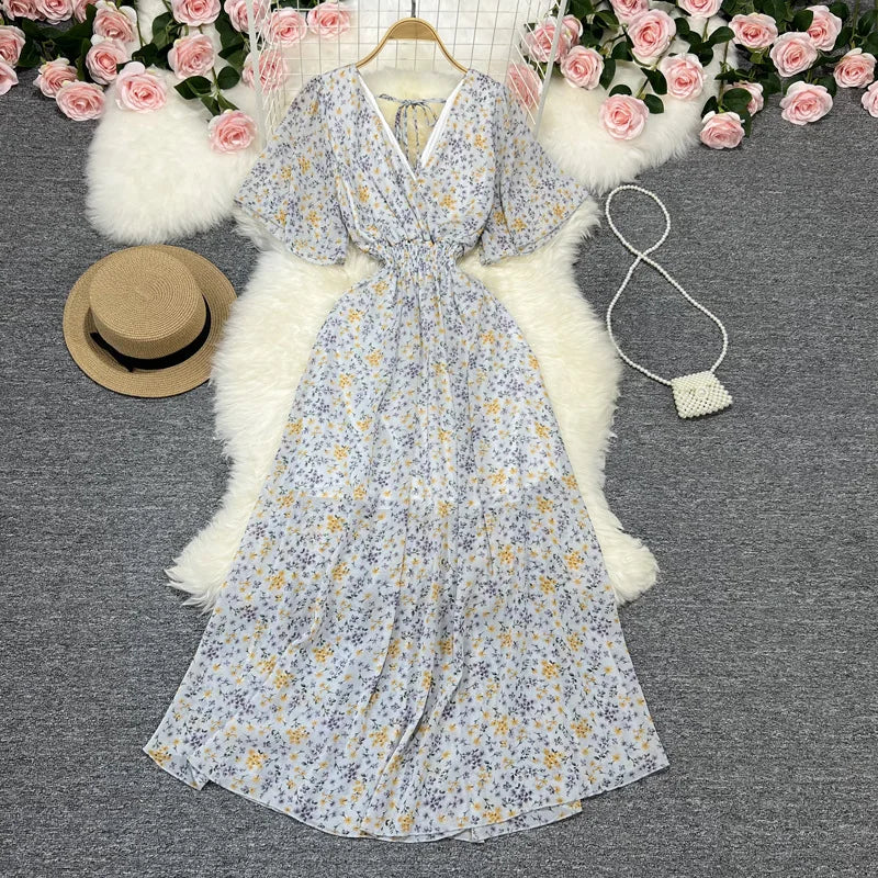 Women Chiffon Floral Long Dress Elegant Korean V Neck Short Sleeve Summer Bohemian Print Beach Dresses For Women Black