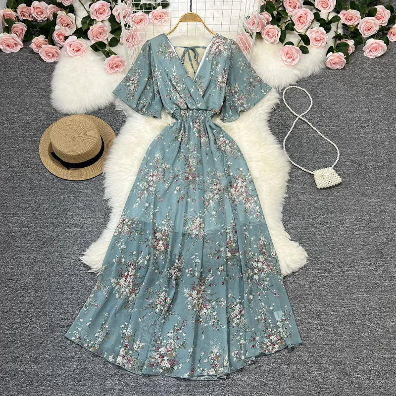 Women Chiffon Floral Long Dress Elegant Korean V Neck Short Sleeve Summer Bohemian Print Beach Dresses For Women Black