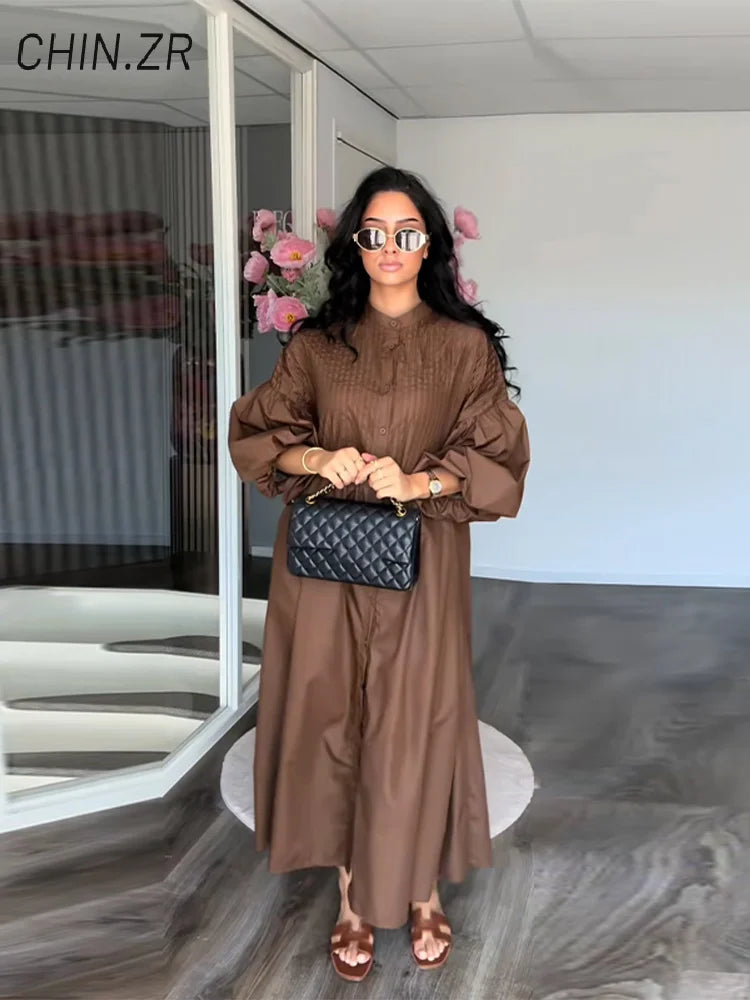 Loose Single Breasted Pleated Long Dress Women Elegant O-neck Lantern Sleeve A-line Party Dresses 2025 Summer Lady Casual Robes