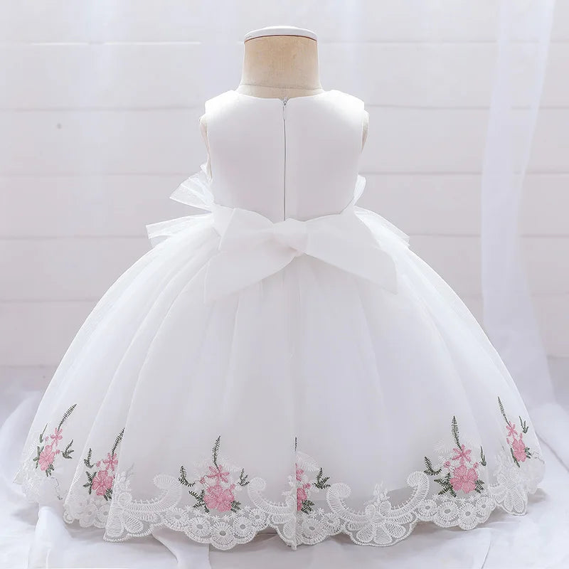 White Pink Flower Baptism First 1st Birthday Dress For Baby Girl Clothing Toddler Princess Lace Party Beads Costumes 0-5 Years