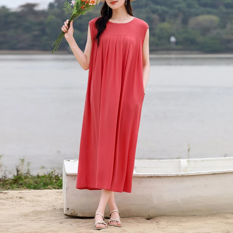 Vintage Dress Women 2025 Summer Casual Loose Long Dresses  Beach Femme Robe Vestidos Fashion Clothing Cotton Sleeveless