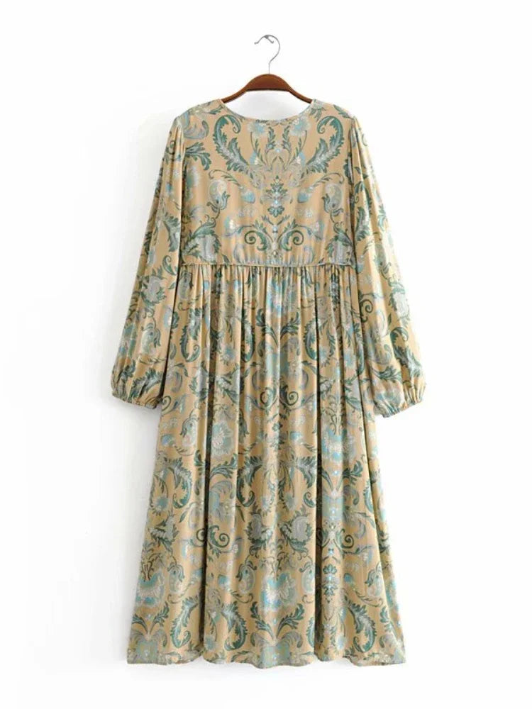 Vintage Chic Women Floral Print Lace-up Rayon Cotton Beach Bohemian Midi Dresses Ladies V-neck Boho Dress Vestidos