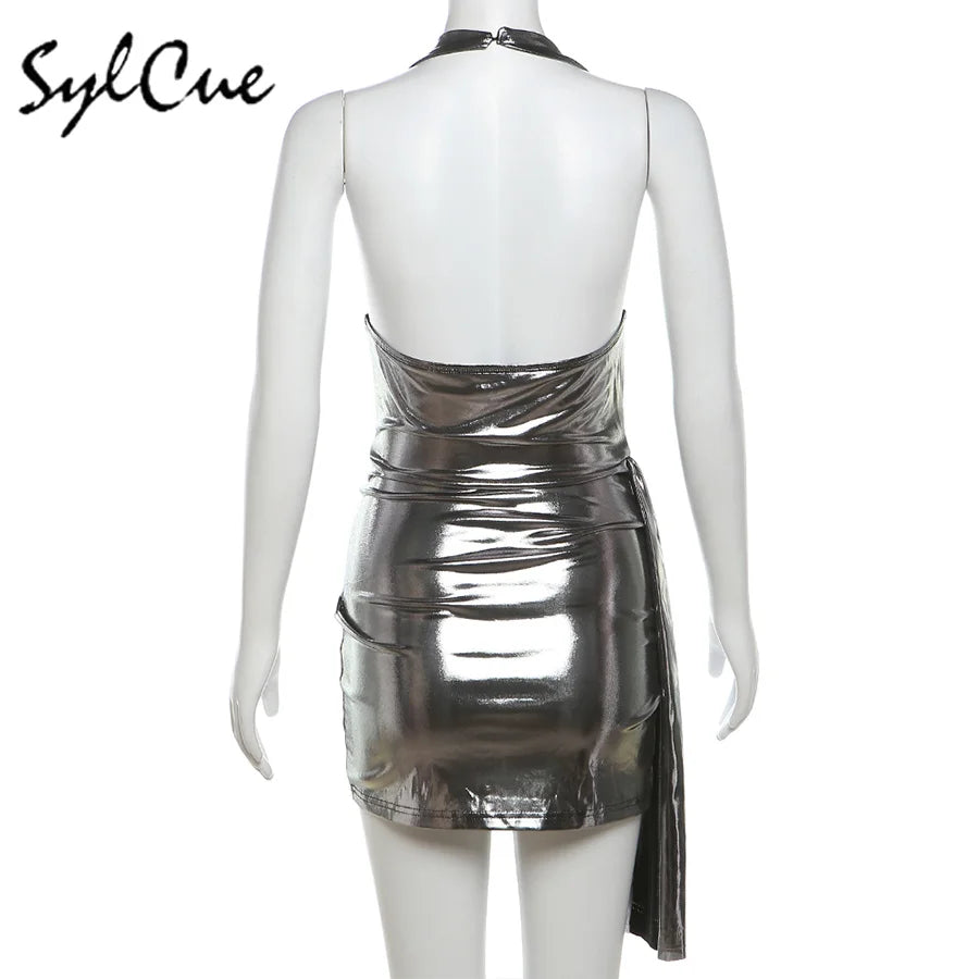 NIBBER 2024 Summer New Vintage silver Matte Tight Sexy Hot Mature Beautiful Gentle High Street Cool Women's Hip Halter Dress