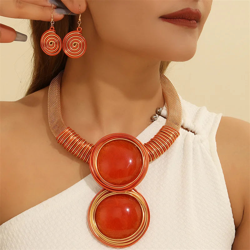 New African Colorful Round Geometry Jewelry Set Aluminium Wire Necklace Earrings Set For Women Party Wedding Dress Gifts