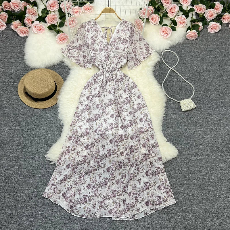 Women Chiffon Floral Long Dress Elegant Korean V Neck Short Sleeve Summer Bohemian Print Beach Dresses For Women Black