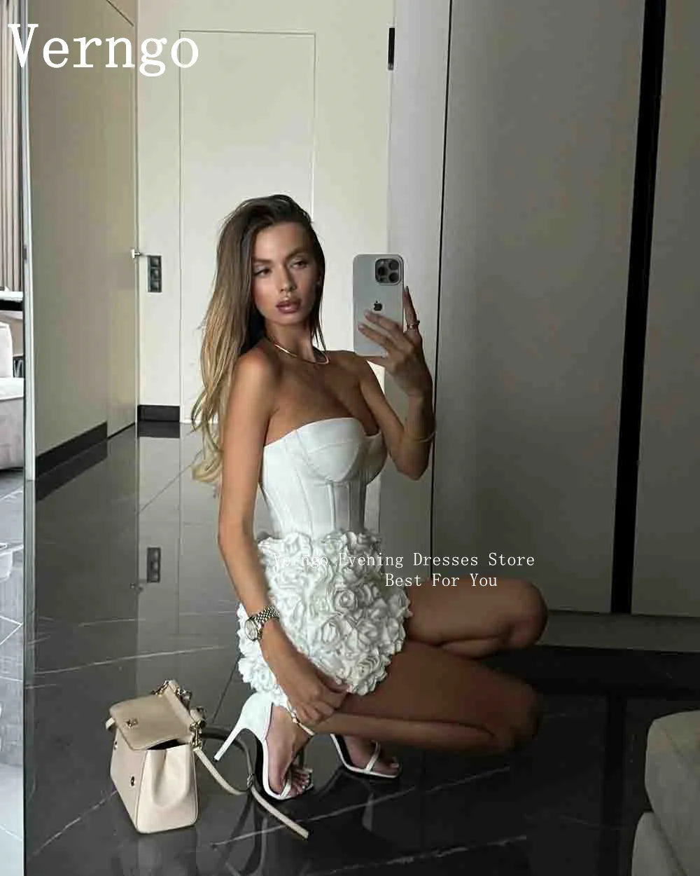 Verngo lvory Satin Mini Party Dress 3D Flowers Strapless Cocktail Dress Women Sexy Mini Celebrity Dress Prom Dress Customized