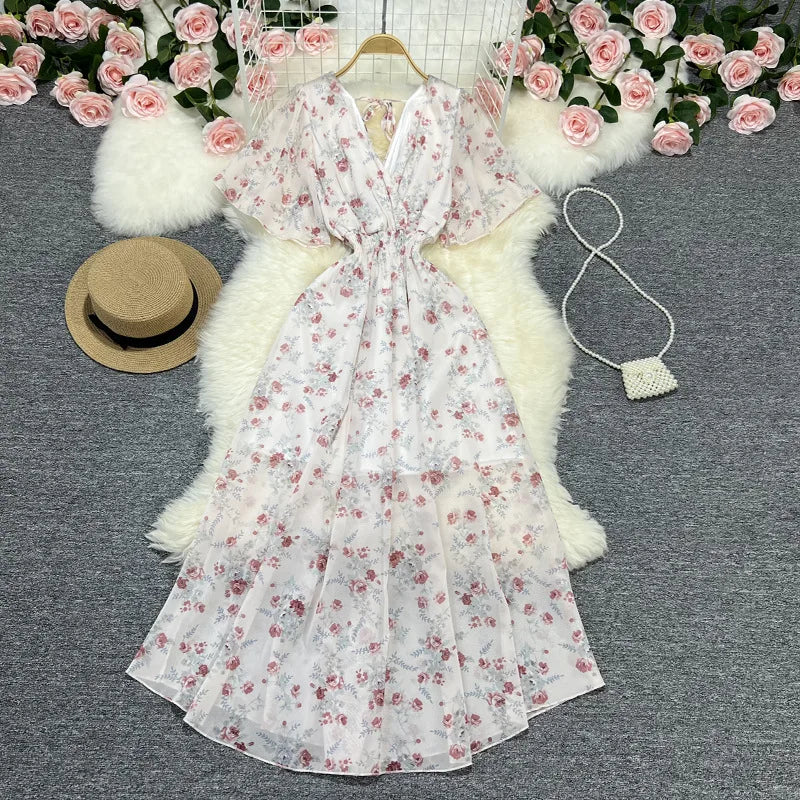 Women Chiffon Floral Long Dress Elegant Korean V Neck Short Sleeve Summer Bohemian Print Beach Dresses For Women Black