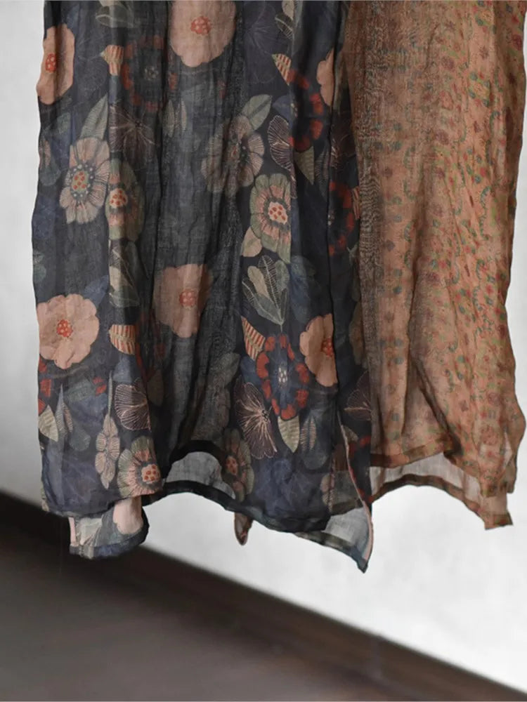 Women Loose Printed Thin Ramie Dress Ladies Vintage Printed Spaghetti Strap Dresses Female 2023 Transparent Dress Summer