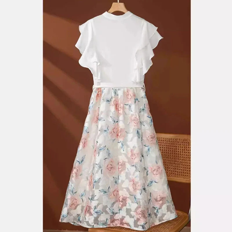 French fashion luxury tulle dress female summer new high-grade sense stitching embroidery temperament lotus leaf sleeve skirt