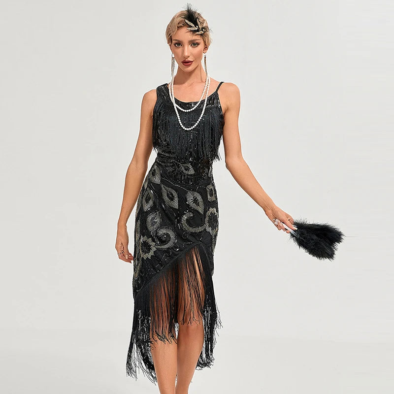 Plus Size 1920s Vintage Fringed Gatsby Sequin Beaded Tassels Hem Flapper Dress Sexy One Shoulder Gastby Dress for Women