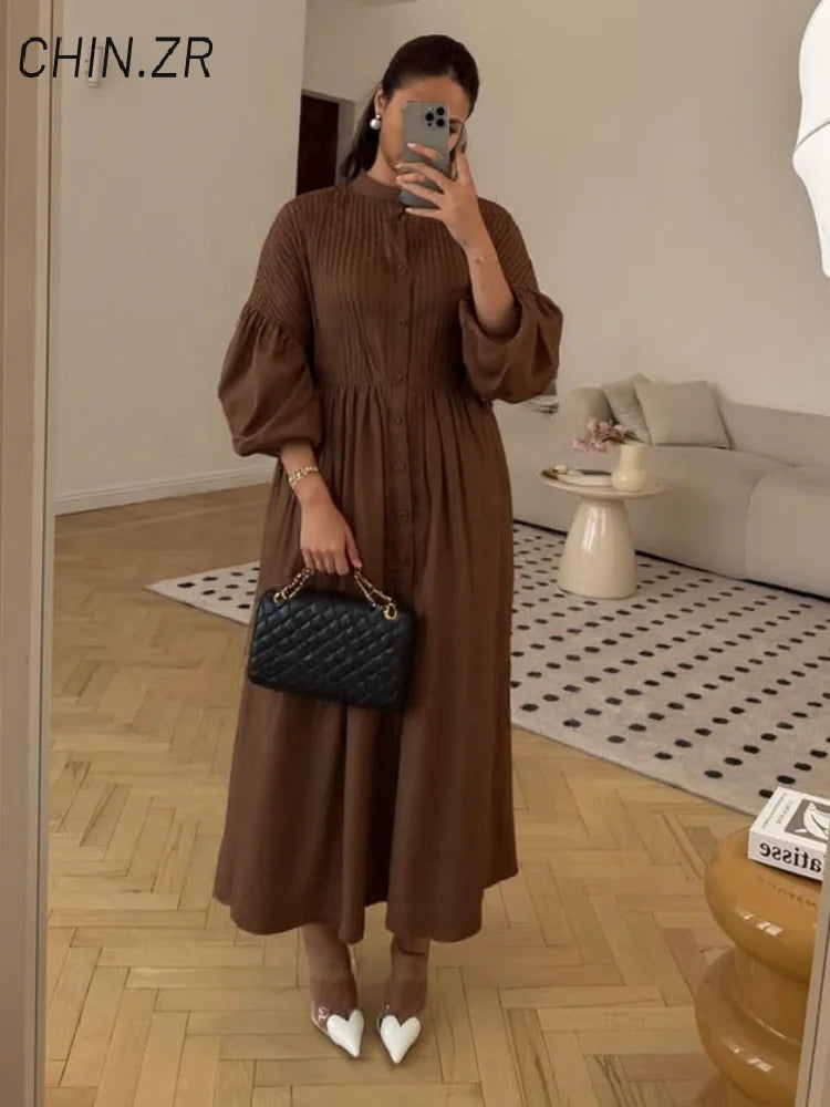 Loose Single Breasted Pleated Long Dress Women Elegant O-neck Lantern Sleeve A-line Party Dresses 2025 Summer Lady Casual Robes