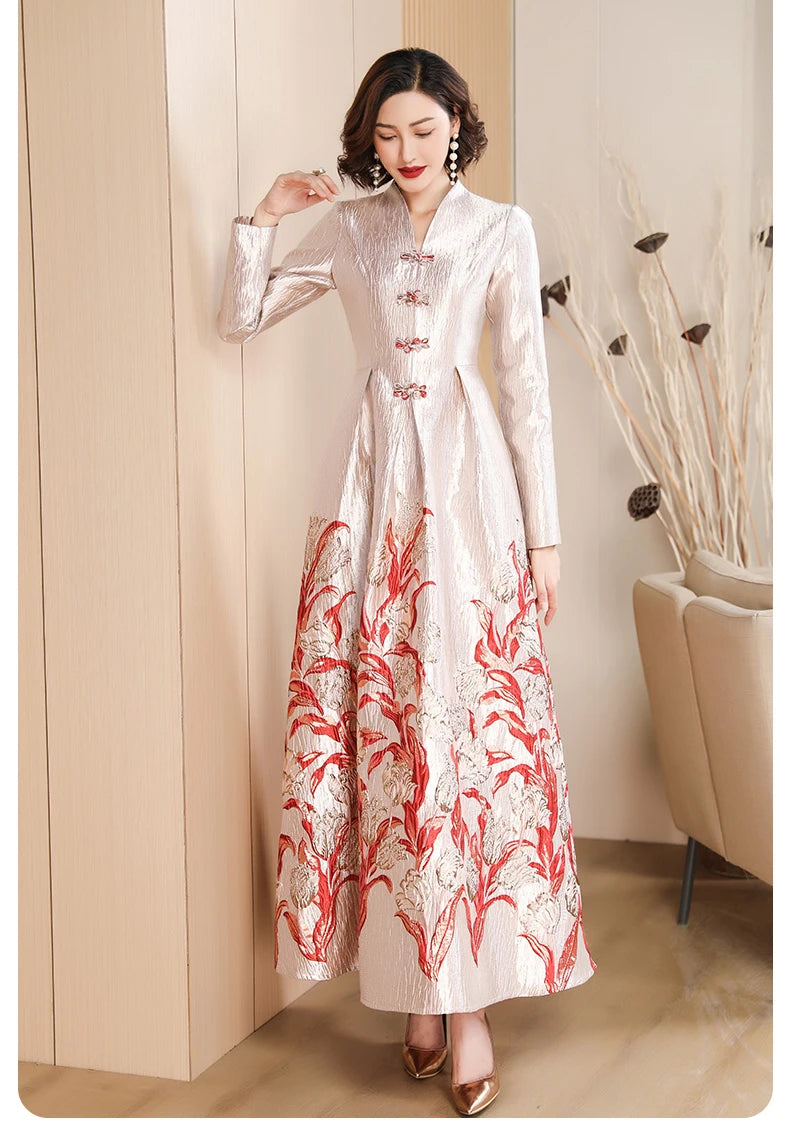 Women Luxury Long Sleeve Jacquard Dress Floral Long Dress Girls Evening Events Party Dress Chinese Style Photograph Vintage