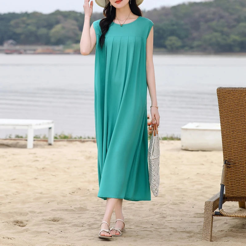 Vintage Dress Women 2025 Summer Casual Loose Long Dresses  Beach Femme Robe Vestidos Fashion Clothing Cotton Sleeveless