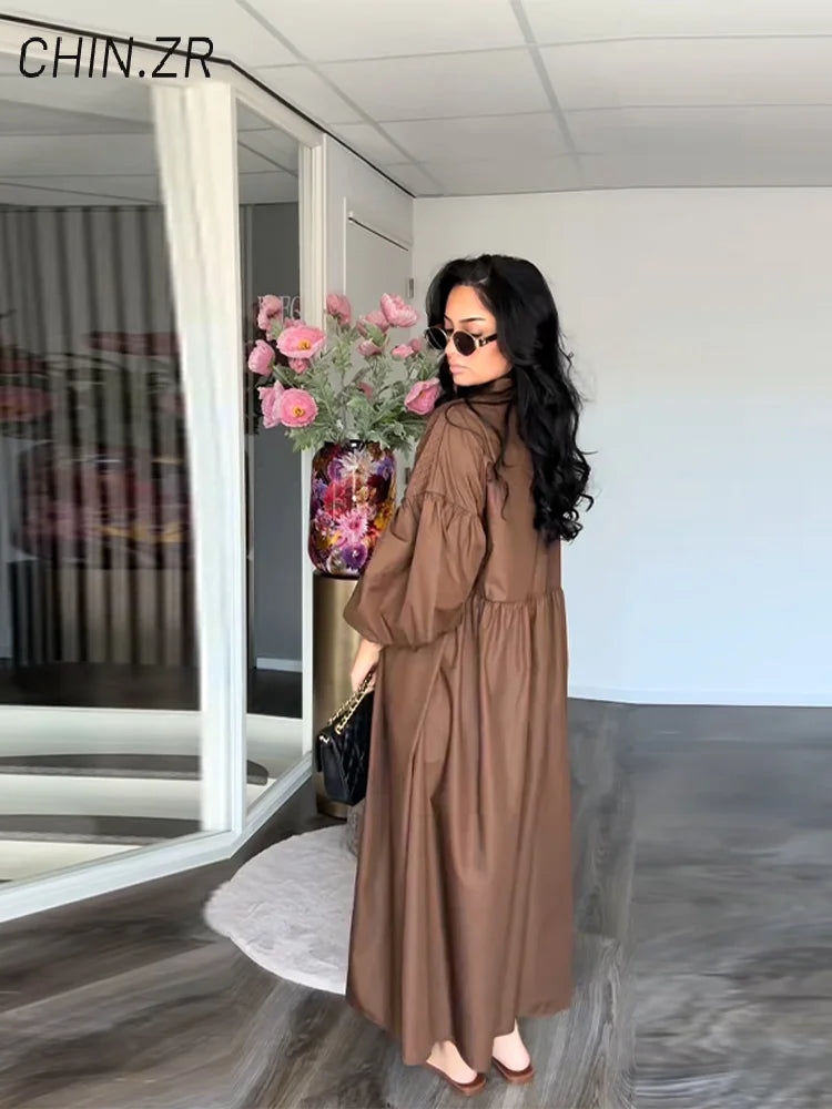 Loose Single Breasted Pleated Long Dress Women Elegant O-neck Lantern Sleeve A-line Party Dresses 2025 Summer Lady Casual Robes