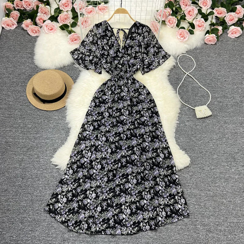Women Chiffon Floral Long Dress Elegant Korean V Neck Short Sleeve Summer Bohemian Print Beach Dresses For Women Black
