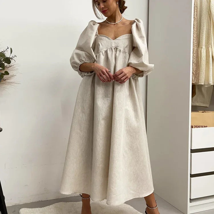 French Cotton-Linen Puff Sleeve Dress