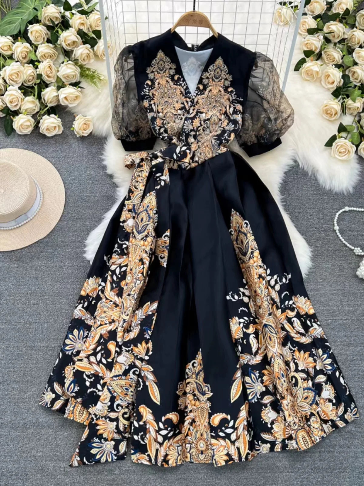 2024 Summer New Vintage Palace Style Printed Dress Women's V-Neck Short Sleeve Lace-up Slim Fit A-line Chiffon Long Skirt