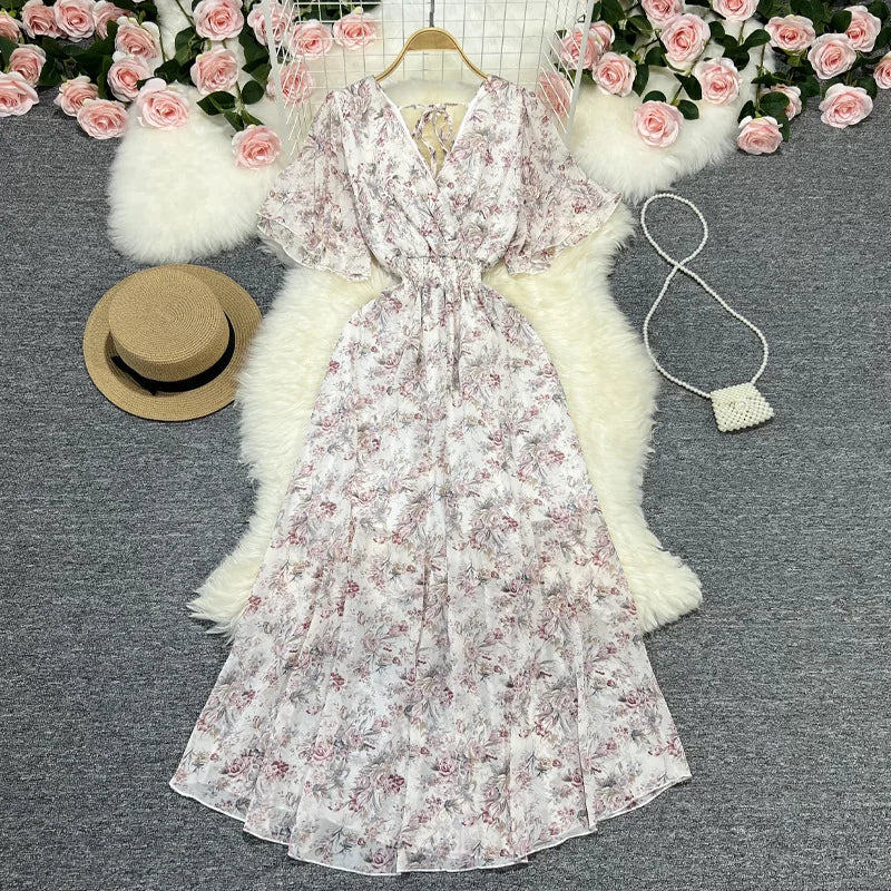 Women Chiffon Floral Long Dress Elegant Korean V Neck Short Sleeve Summer Bohemian Print Beach Dresses For Women Black