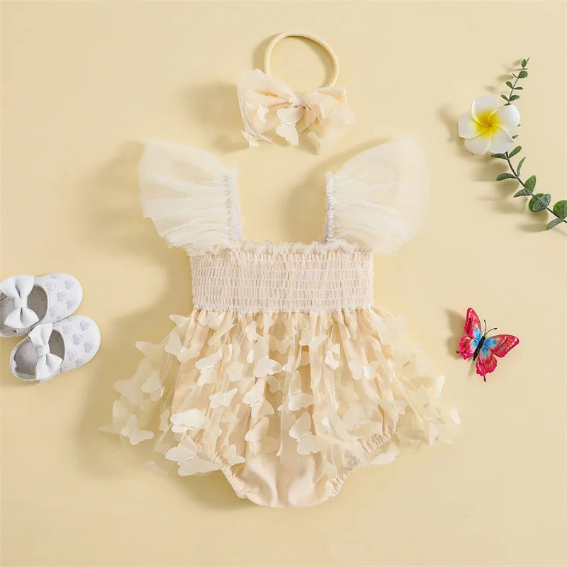 Infant Girl Romper Dress Butterfly Decor Fly Sleeve Ruched Mesh Skirt Hem Jumpsuits Newborn Clothes Baby Bodysuits with Headband