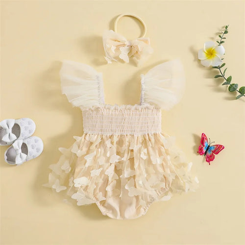 Baby Girl Butterfly Romper Dress with Headband Fly Sleeve Mesh Skirt Newborn Jumpsuit