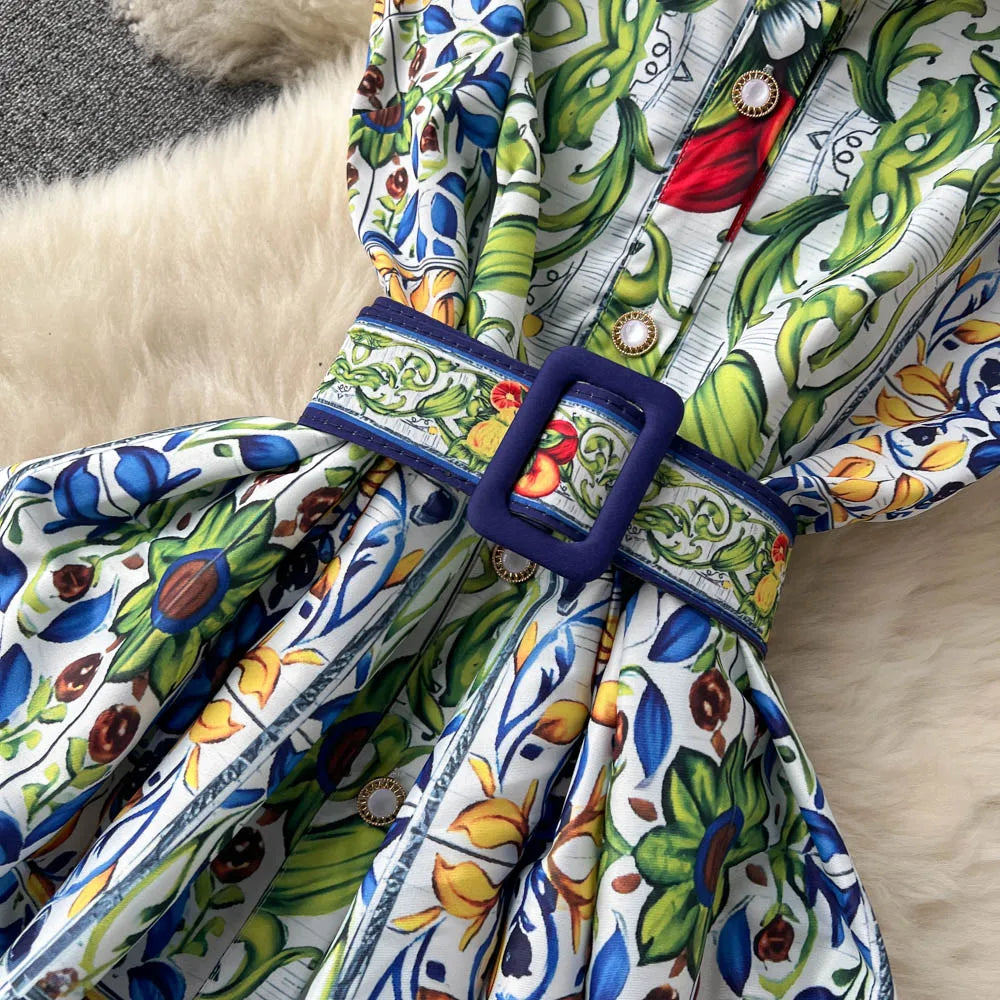 2023 Summer Runway Shirt Dress Women's Notch Collar Sleeveless Blue and White Porcelain Print Lace Up Belt Pleated Midi Dress