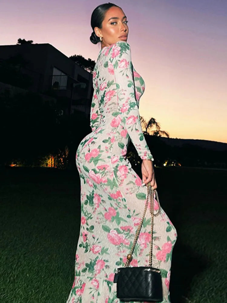Mozision Bodycon Long Sleeve Half High Collar Print Zipper Elegant Maxi Dress Women Slim High Waist Sexy Dress Ladies Outfits