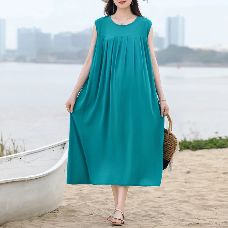 Vintage Dress Women 2025 Summer Casual Loose Long Dresses  Beach Femme Robe Vestidos Fashion Clothing Cotton Sleeveless