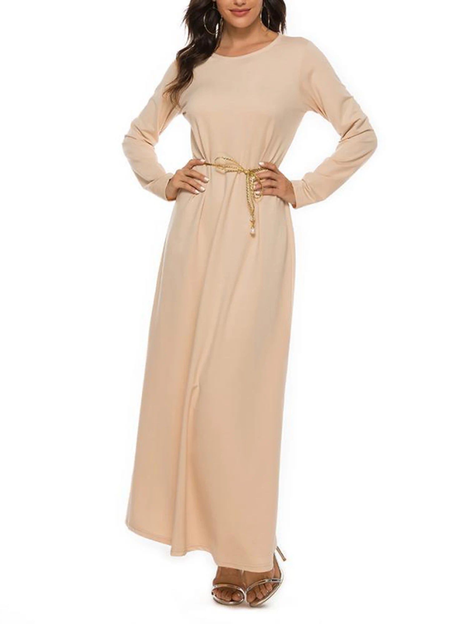Womens Solid Color Islamic Arabian Dress Round Neck Long Sleeve Muslim Prayer Long Robes Loose Basic Dress for Casual Wear