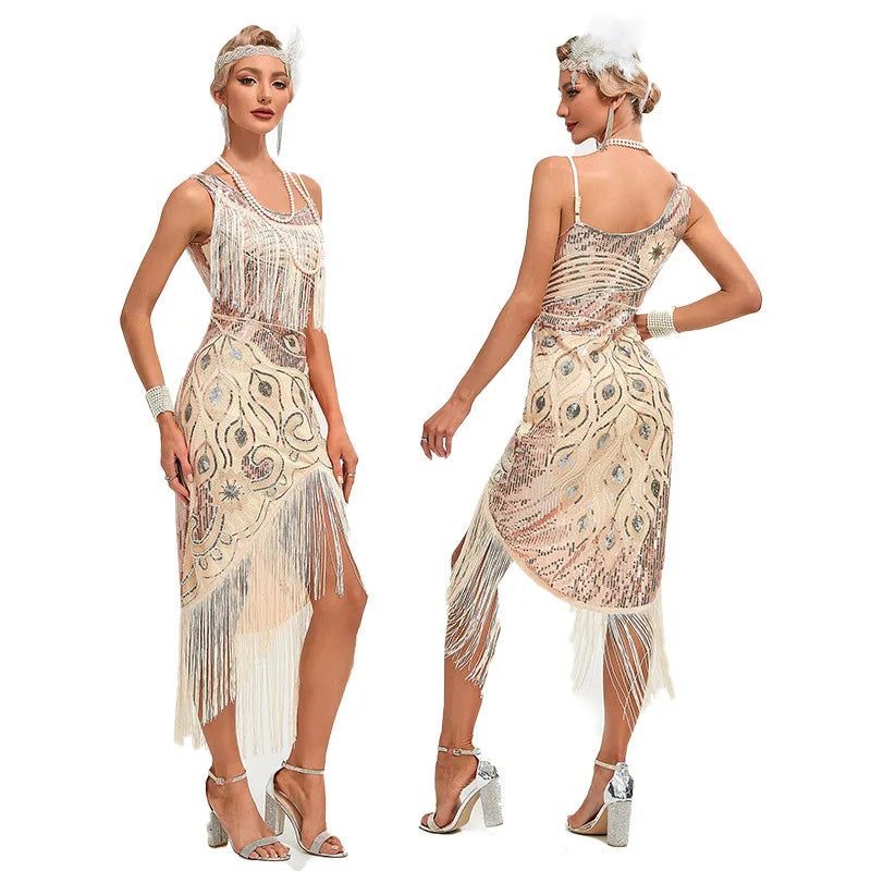 Plus Size 1920s Vintage Fringed Gatsby Sequin Beaded Tassels Hem Flapper Dress Sexy One Shoulder Gastby Dress for Women