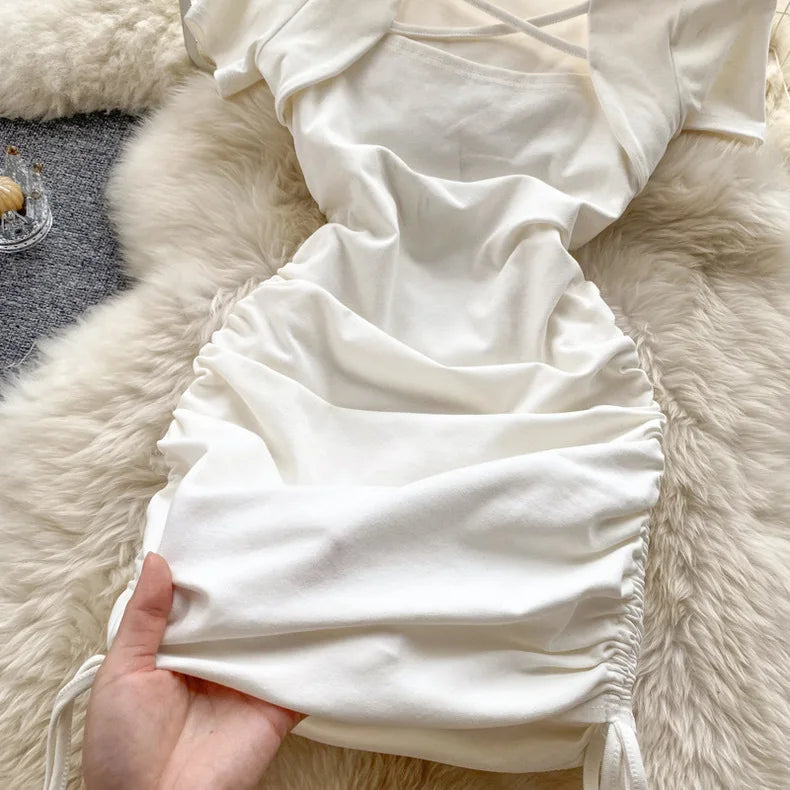 Dress Girls Summer New Square Neck Drawstring Solid Color Fashion Short Sleeved 2024 Simple Elastic Waist Fashion