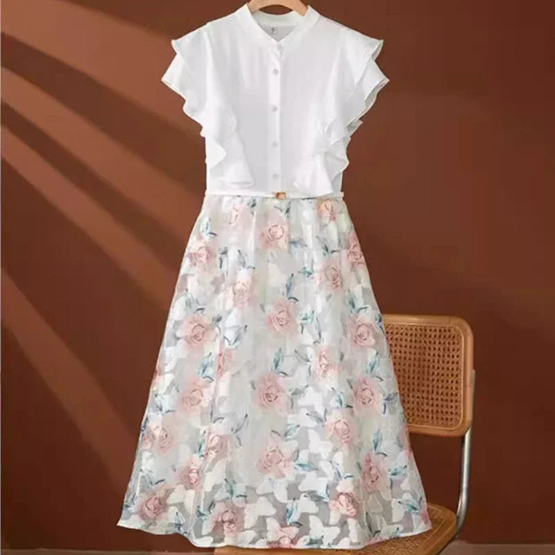 French fashion luxury tulle dress female summer new high-grade sense stitching embroidery temperament lotus leaf sleeve skirt
