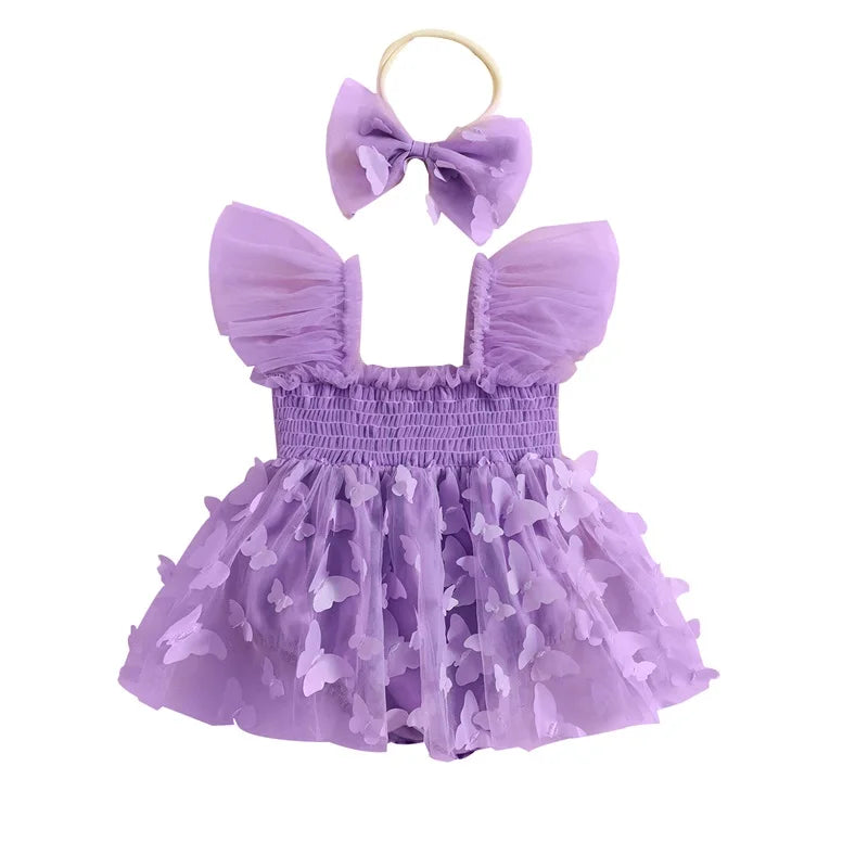Infant Girl Romper Dress Butterfly Decor Fly Sleeve Ruched Mesh Skirt Hem Jumpsuits Newborn Clothes Baby Bodysuits with Headband