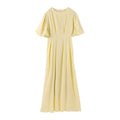 Casual Yellow Short Puff Sleeve Women Dress Loose Solid O-neck Pleated High Waist Female Maxi Dresses 2025 Summer Chic Lady Robe