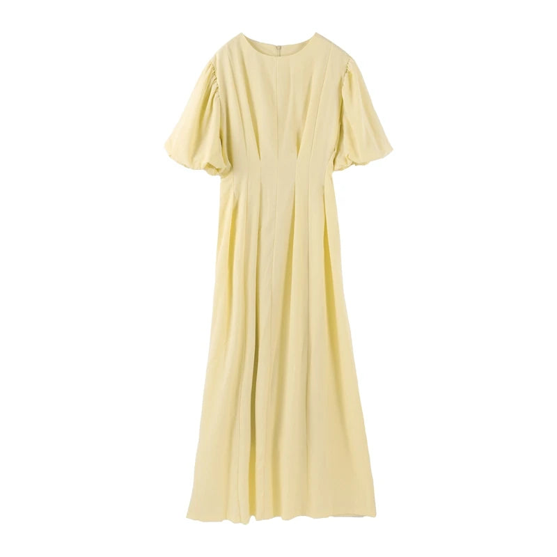 Casual Yellow Short Puff Sleeve Women Dress Loose Solid O-neck Pleated High Waist Female Maxi Dresses 2025 Summer Chic Lady Robe