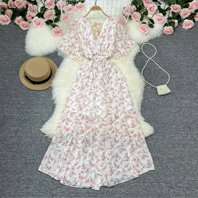 Women Chiffon Floral Long Dress Elegant Korean V Neck Short Sleeve Summer Bohemian Print Beach Dresses For Women Black