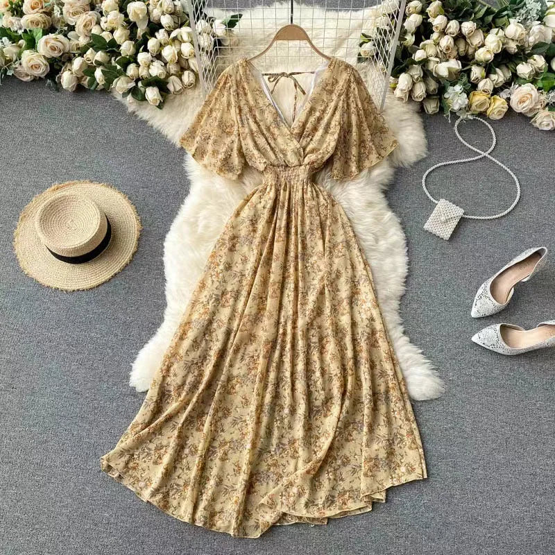 Women Chiffon Floral Long Dress Elegant Korean V Neck Short Sleeve Summer Bohemian Print Beach Dresses For Women Black