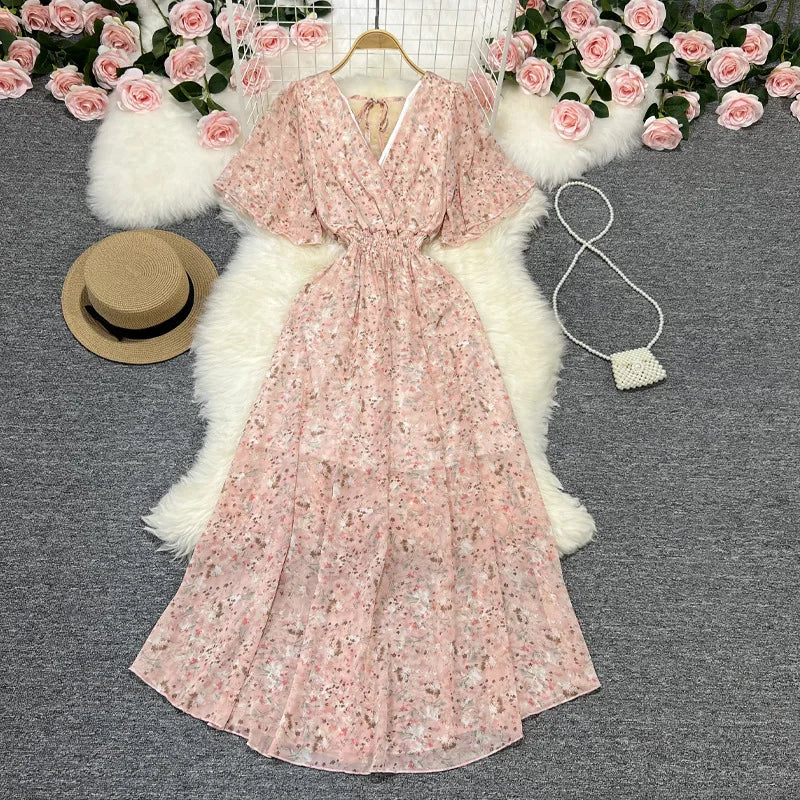 Women Chiffon Floral Long Dress Elegant Korean V Neck Short Sleeve Summer Bohemian Print Beach Dresses For Women Black