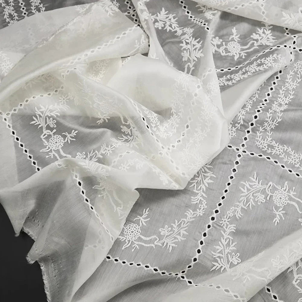 Hollow Embroidery Flower Fabric for Spring and Summer Clothing Strap Dress Shirts Designer Fabric By The Meter