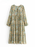 Vintage Chic Women Floral Print Lace-up Rayon Cotton Beach Bohemian Midi Dresses Ladies V-neck Boho Dress Vestidos