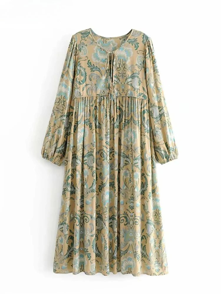 Vintage Chic Women Floral Print Lace-up Rayon Cotton Beach Bohemian Midi Dresses Ladies V-neck Boho Dress Vestidos