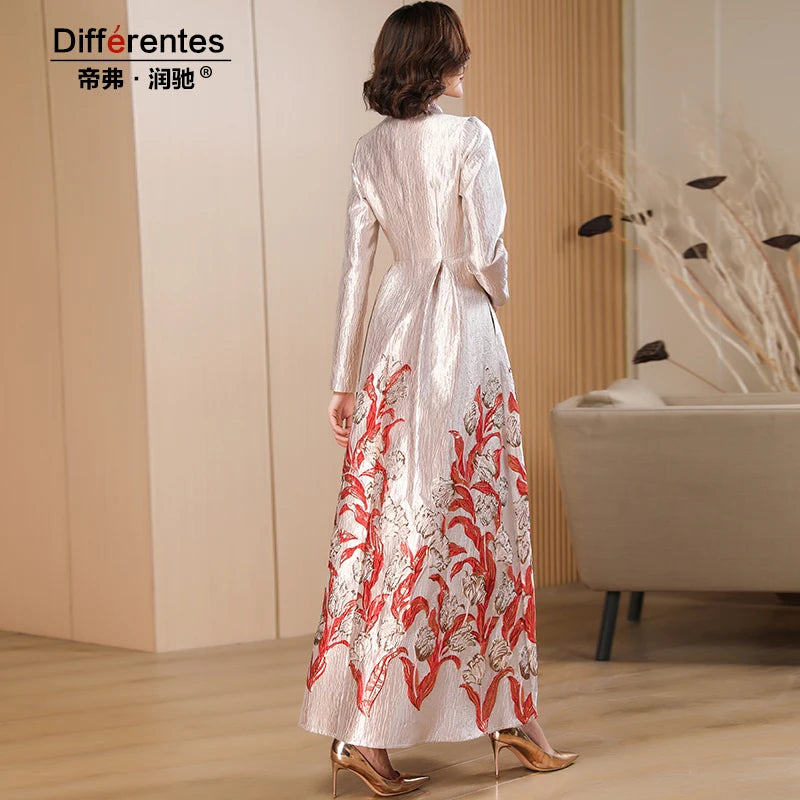 Women Luxury Long Sleeve Jacquard Dress Floral Long Dress Girls Evening Events Party Dress Chinese Style Photograph Vintage