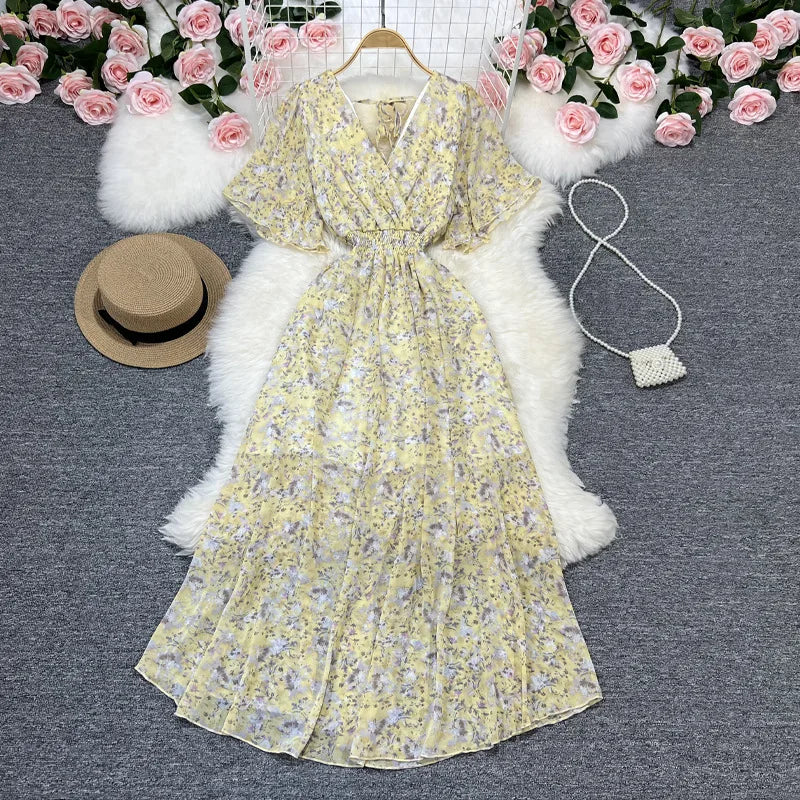 Women Chiffon Floral Long Dress Elegant Korean V Neck Short Sleeve Summer Bohemian Print Beach Dresses For Women Black