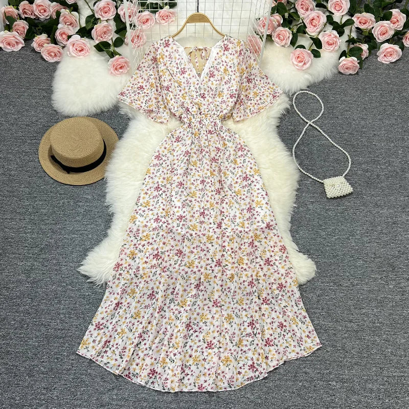 Women Chiffon Floral Long Dress Elegant Korean V Neck Short Sleeve Summer Bohemian Print Beach Dresses For Women Black
