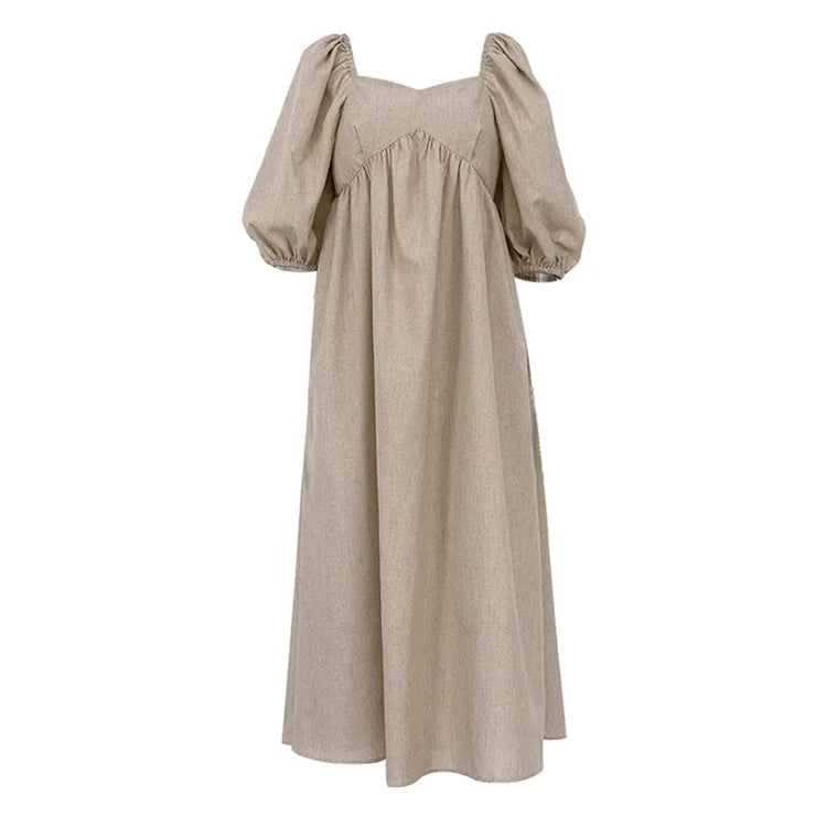 Jastie Summer New Cotton And Linen Long Dress Women French Square Neck Puff Sleeve Dresses Elegant Loose Solid Big Swing Dress