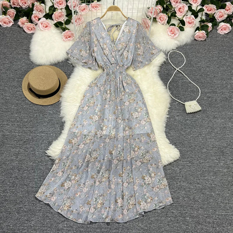 Women Chiffon Floral Long Dress Elegant Korean V Neck Short Sleeve Summer Bohemian Print Beach Dresses For Women Black